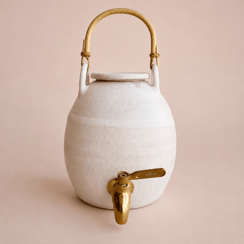 Earth and Element Handmade Ceramic Water Dispenser with Bamboo Handle - Linen Glaze