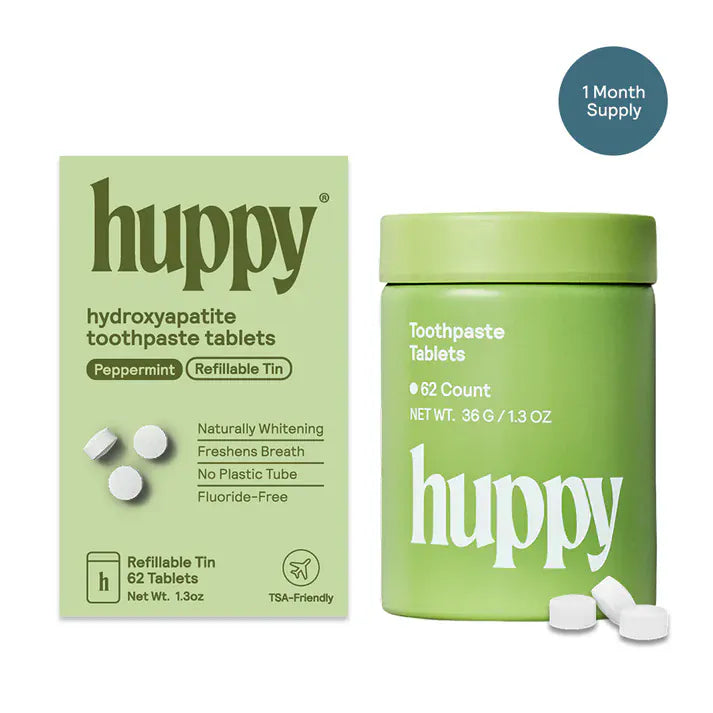 Huppy Peppermint Toothpaste Tablets - Zero Waste Toothpaste - All-Natural, Plastic Free, Refillable, 62 ct.