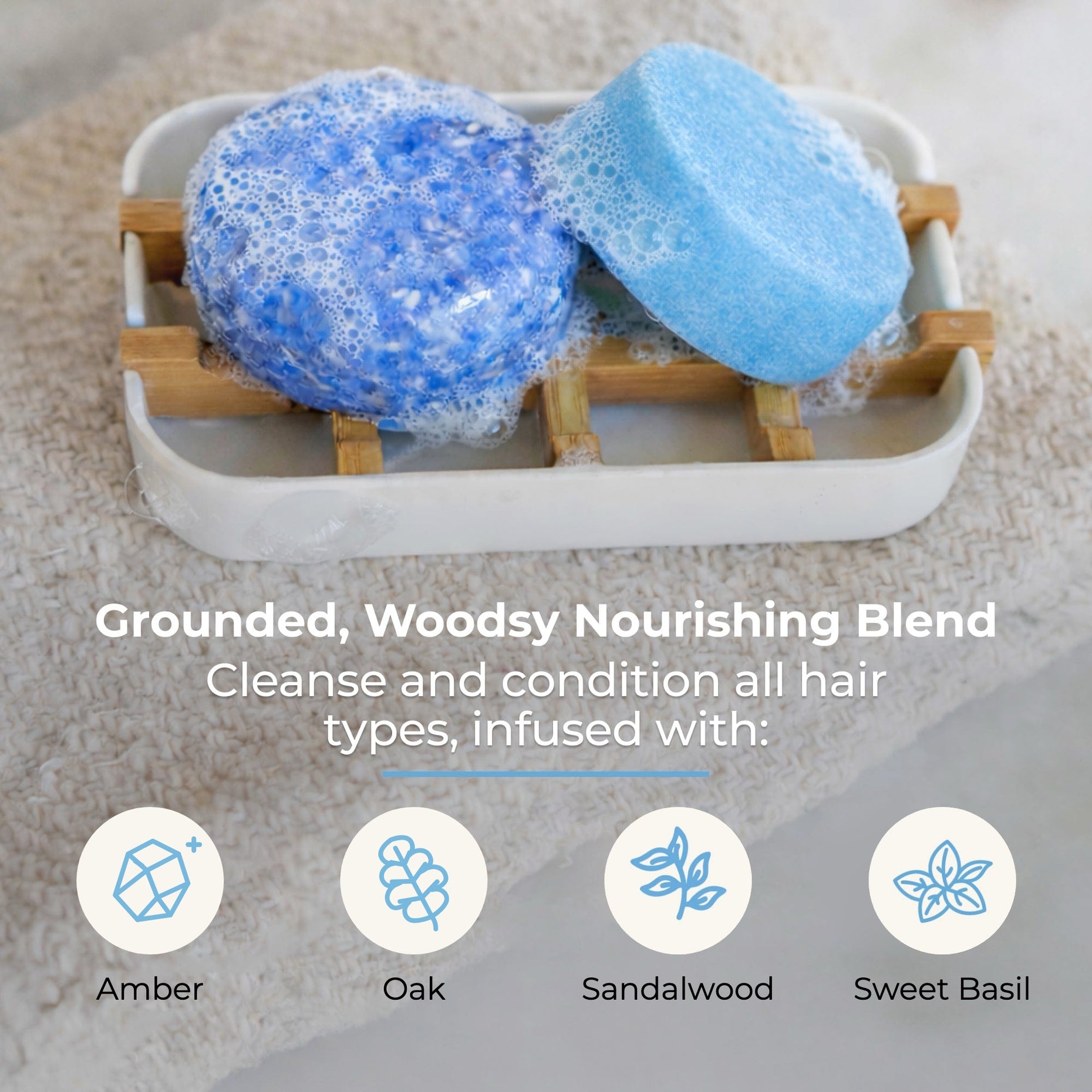 Cobalt shampoo and conditioner bars scent blend with amber, oak, sandalwood and sweet basil