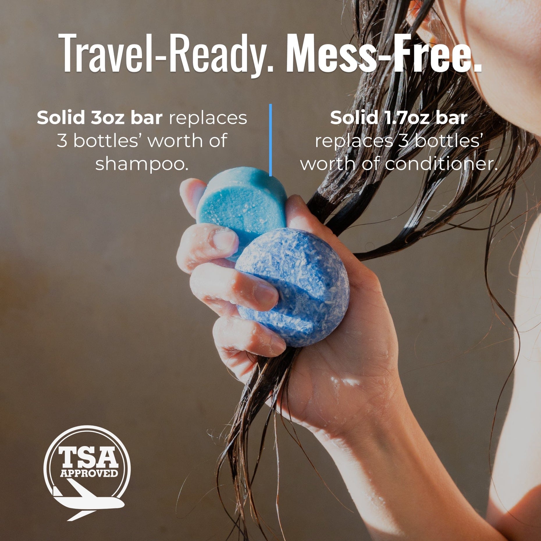 Travel-ready Cobalt shampoo and conditioner bars: solid 3 oz and 1.7 oz bars each replace 3 bottles, TSA-approved
