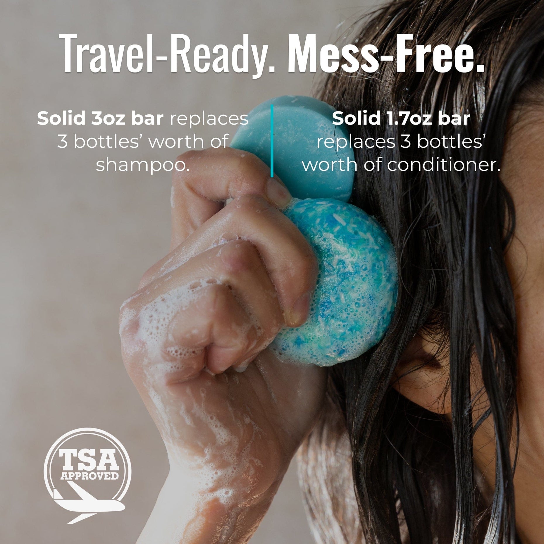 Travel-ready Earth shampoo and conditioner bars: solid 3 oz and 1.7 oz bars each replace 3 bottles, TSA-approved