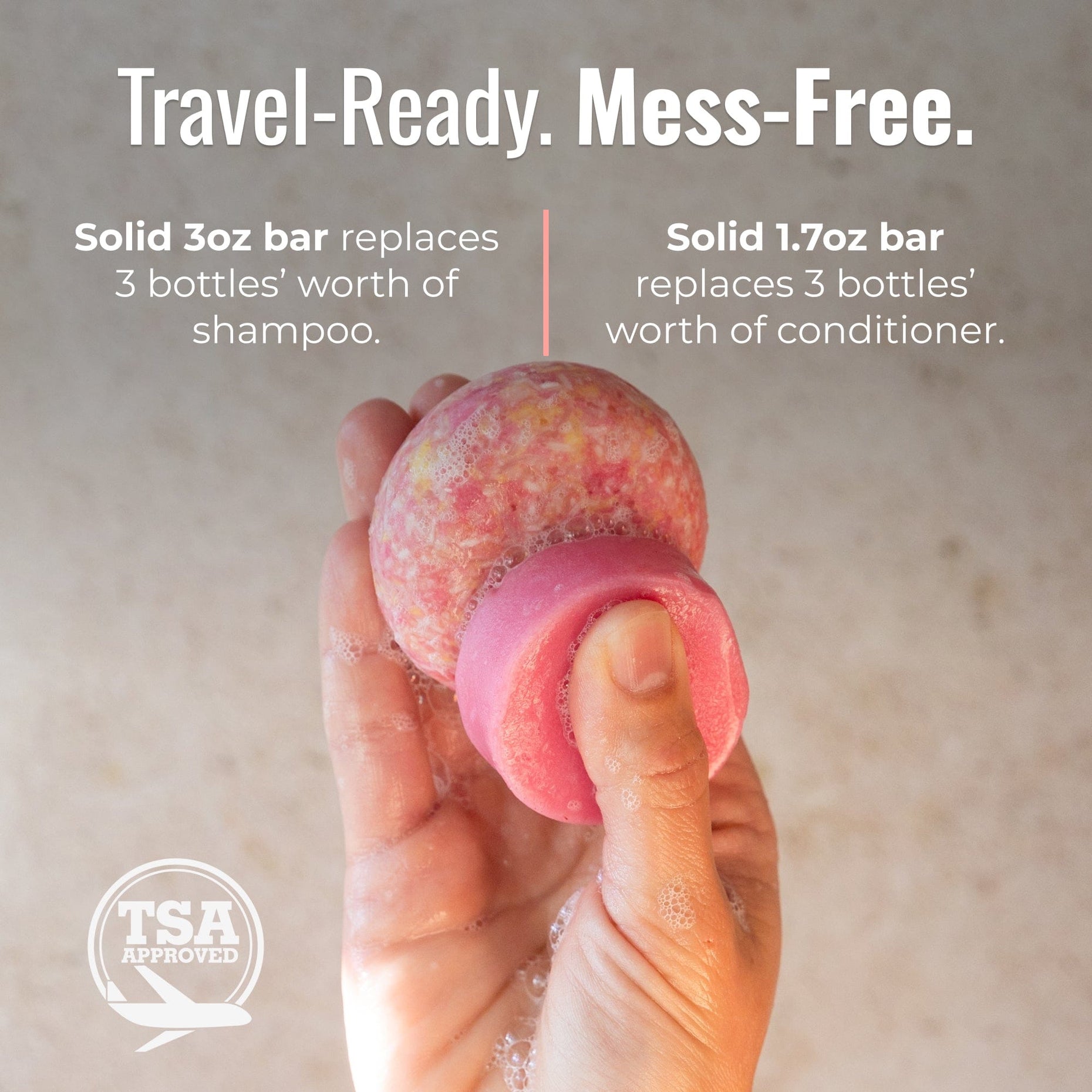 Travel-ready Sunkissed shampoo and conditioner bars: solid 3 oz and 1.7 oz bars each replace 3 bottles, TSA-approved