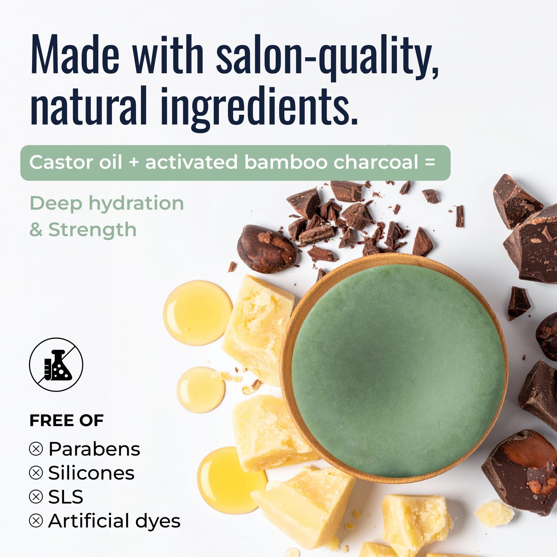 Bloom with Castor Oil shampoo and conditioner bars: castor oil and activated bamboo charcoal for deep hydration and strength