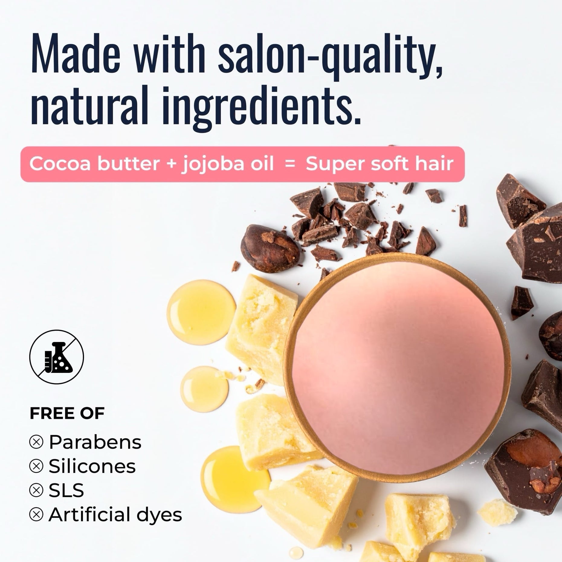 Blossom shampoo and conditioner bars: salon-quality natural ingredients, cocoa butter and jojoba oil, free of parabens, silicones and SLS