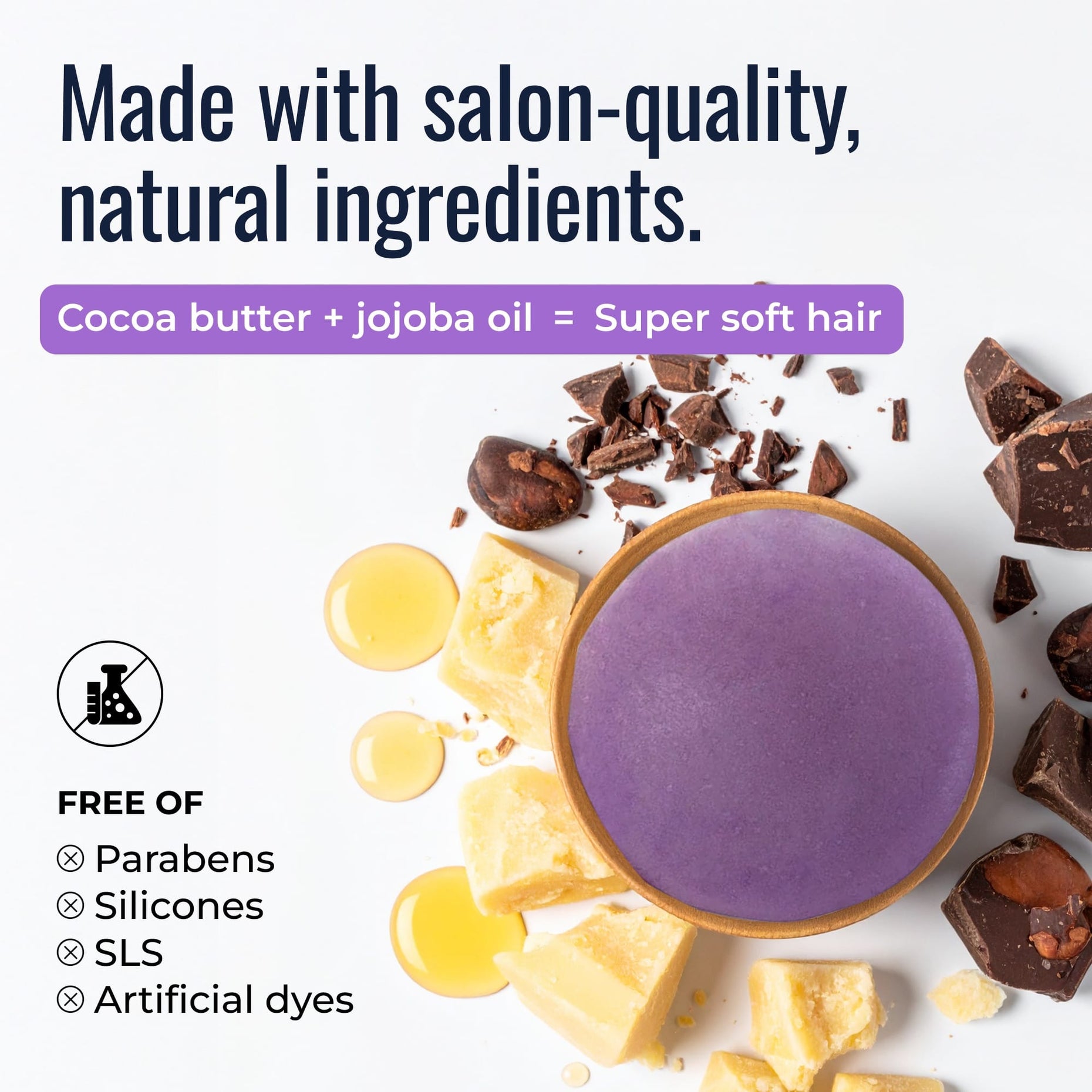 Oasis shampoo and conditioner bars: salon-quality natural ingredients, cocoa butter and jojoba oil, free of parabens, silicones and SLS
