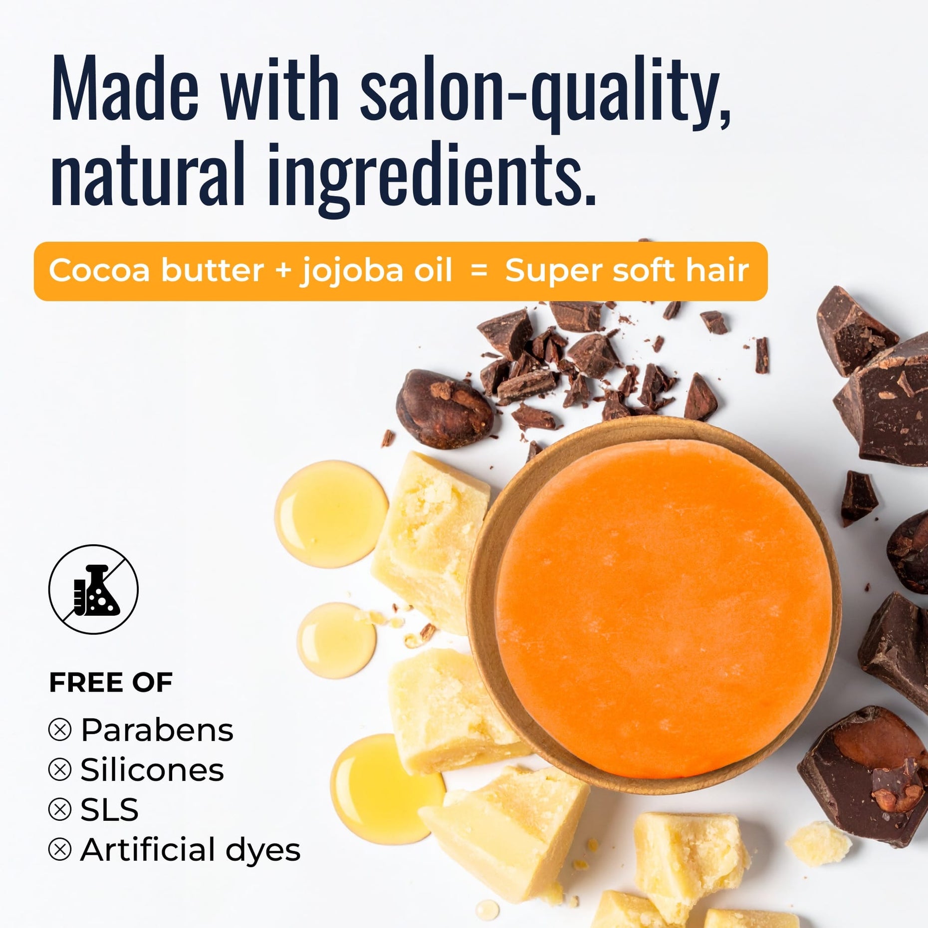 Sunshine shampoo and conditioner bars: salon-quality natural ingredients, cocoa butter and jojoba oil, free of parabens, silicones and SLS
