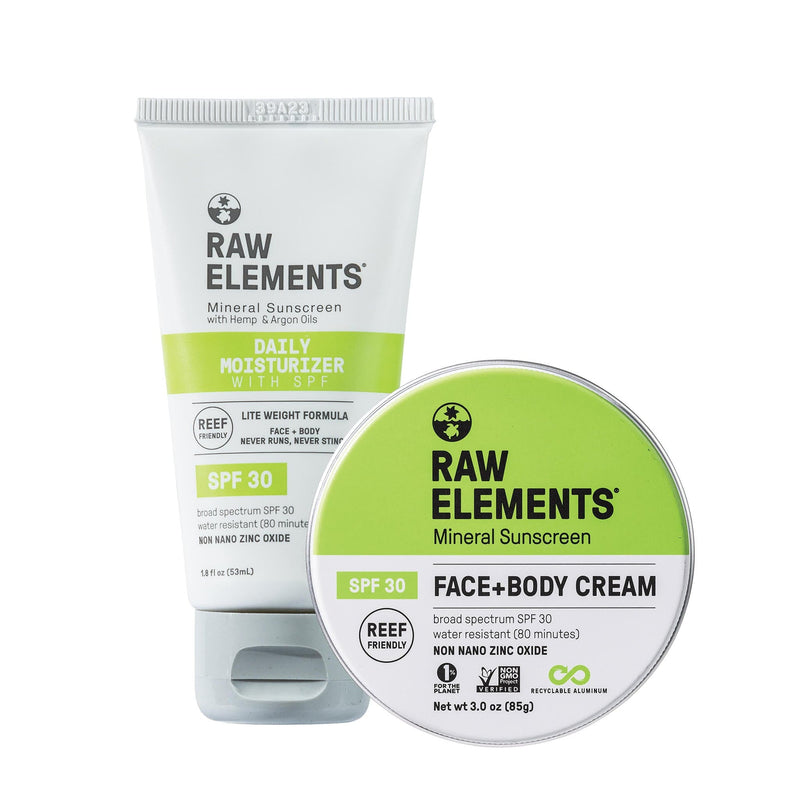 Raw Elements Face + Body Tube SPF 30 Bio-Resin Tube & Plastic Free Tin Bundle