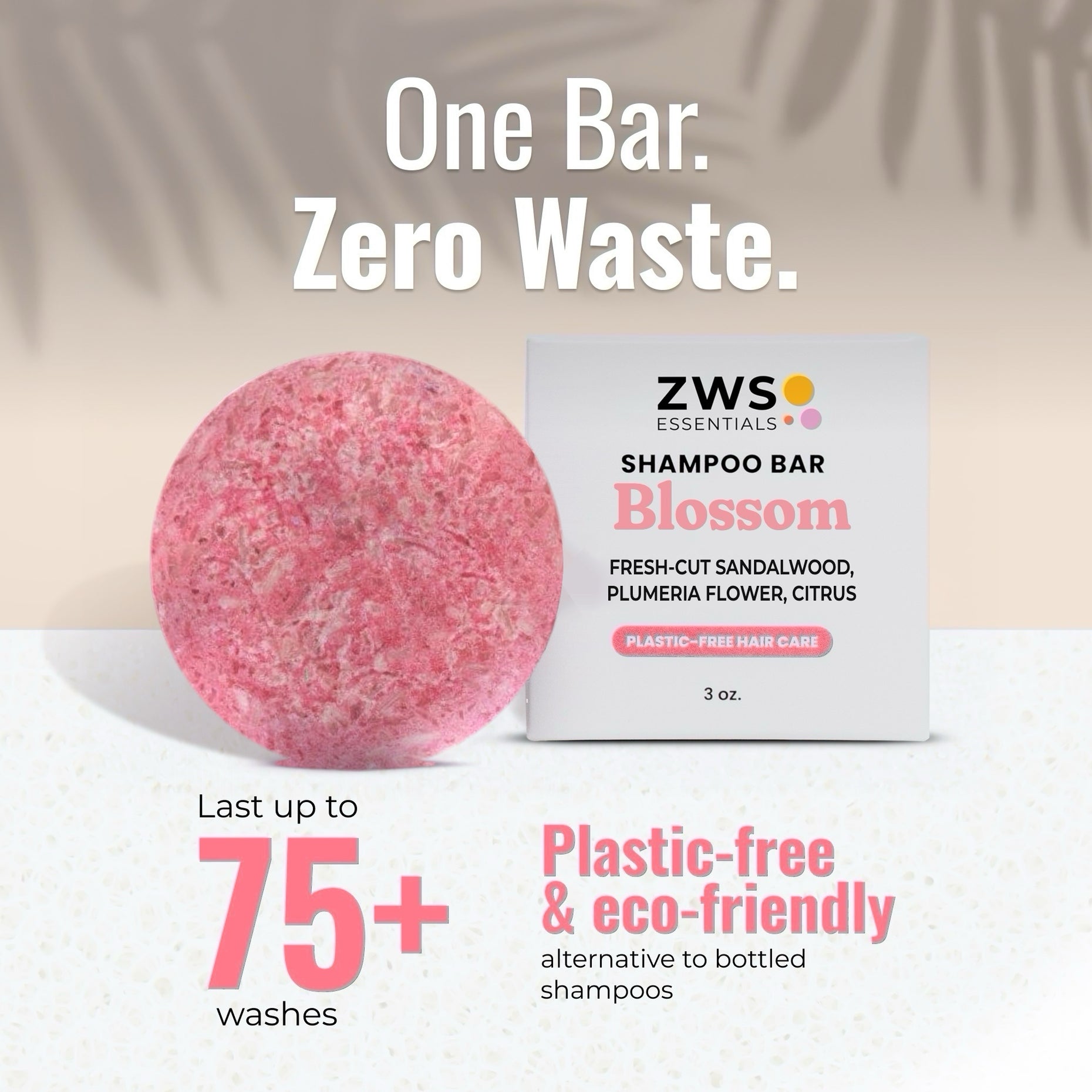 Blossom shampoo bar and its plastic-free box: one bar lasts 75+ washes, a zero-waste alternative to bottled shampoo