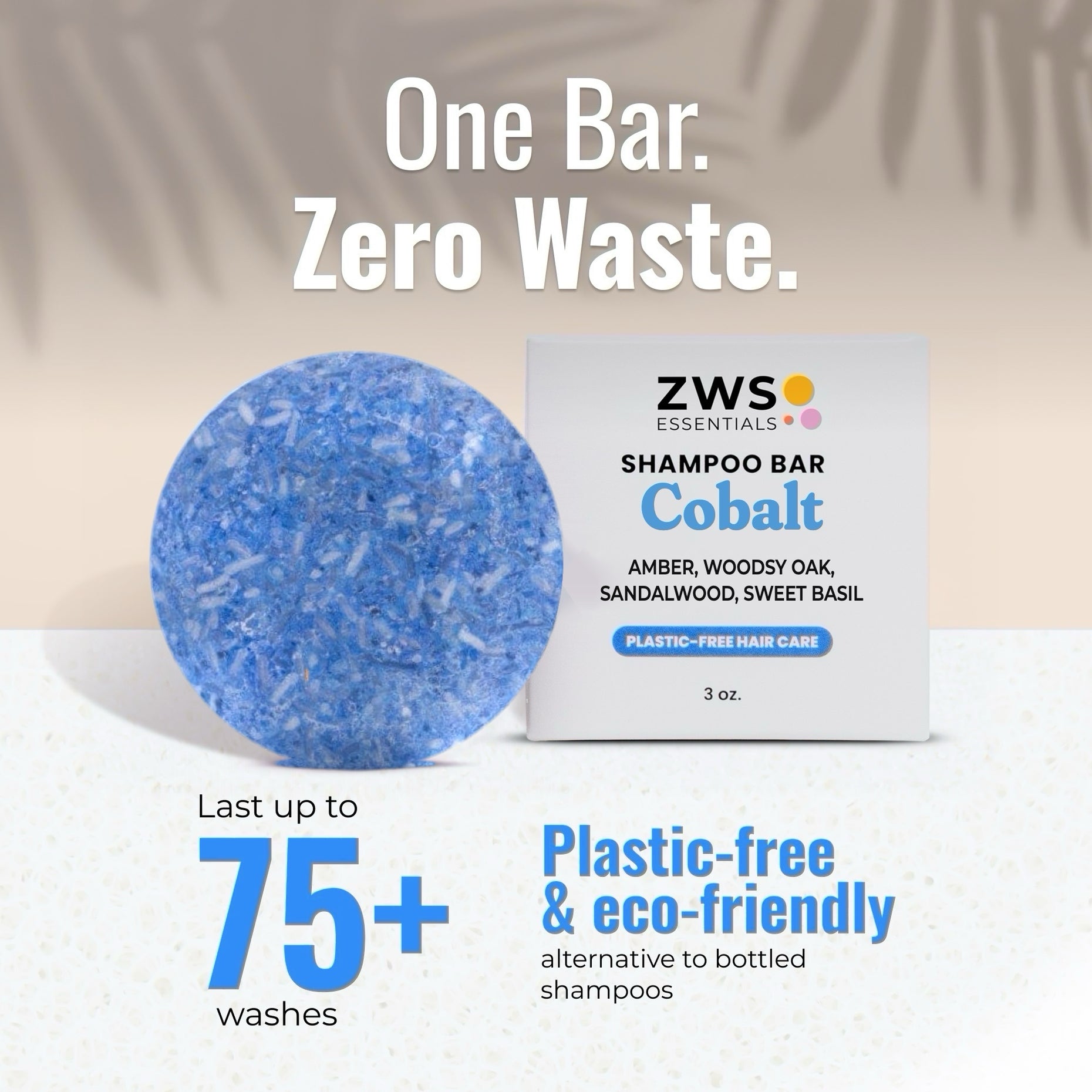 Cobalt shampoo bar and its plastic-free box: one bar lasts 75+ washes, a zero-waste alternative to bottled shampoo