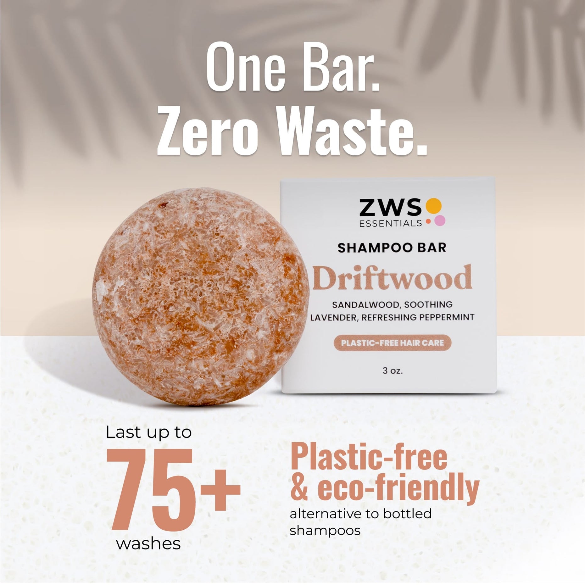 Driftwood shampoo bar and its plastic-free box: one bar lasts 75+ washes, a zero-waste alternative to bottled shampoo