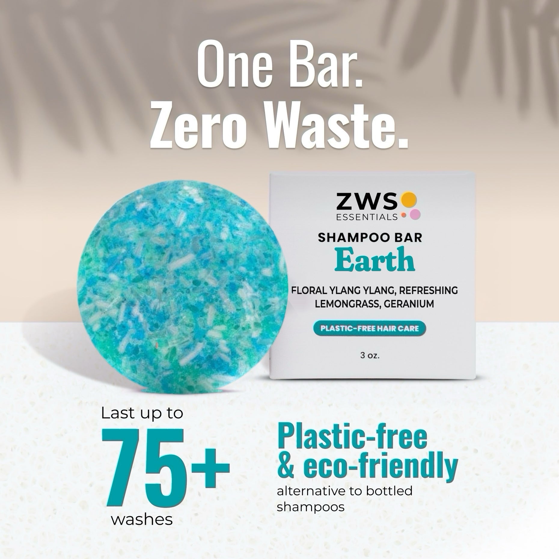 Earth shampoo bar and its plastic-free box: one bar lasts 75+ washes, a zero-waste alternative to bottled shampoo
