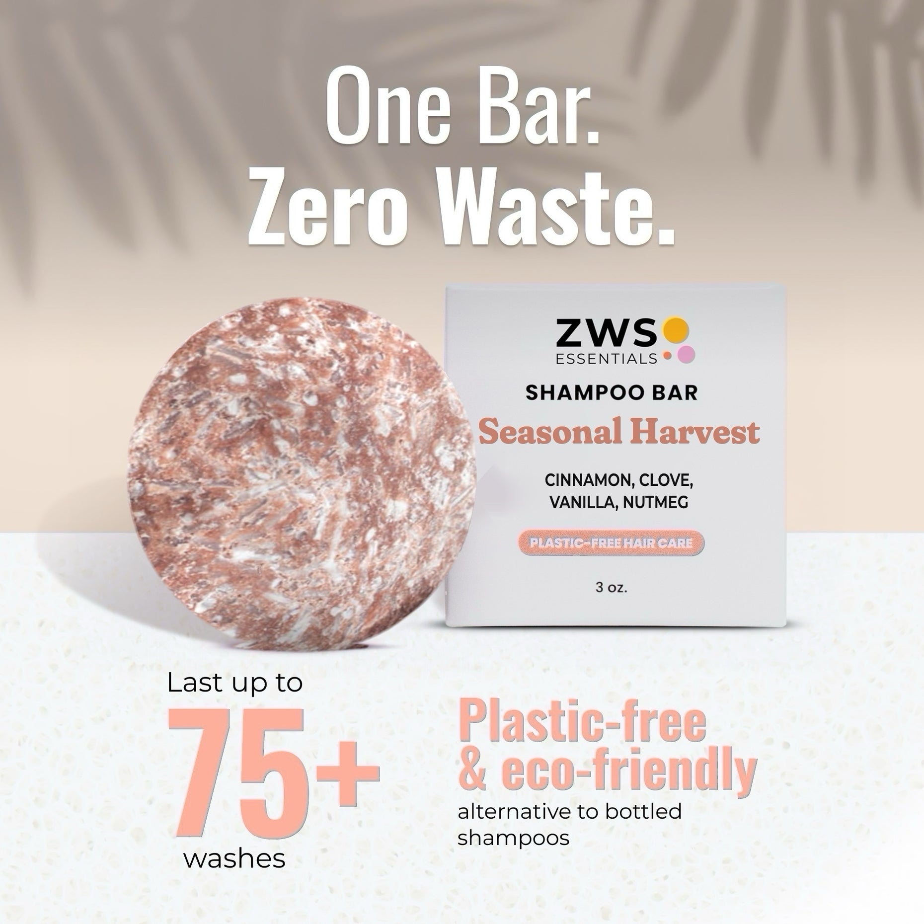 Seasonal Harvest shampoo bar and its plastic-free box: one bar lasts 75+ washes, a zero-waste alternative to bottled shampoo