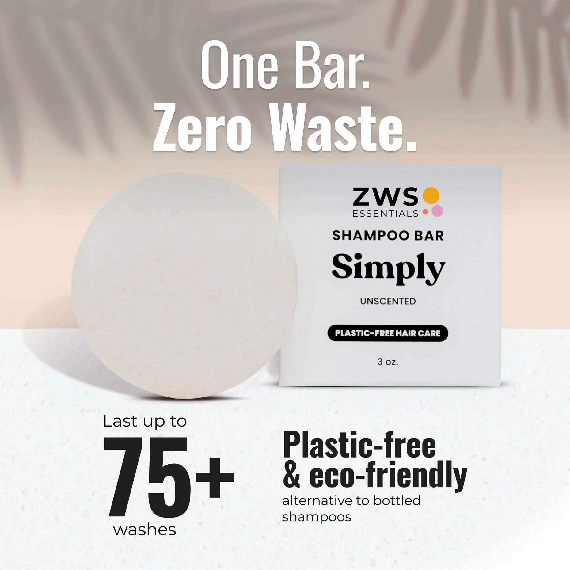 Simply Unscented shampoo bar and its plastic-free box: one bar lasts 75+ washes, a zero-waste alternative to bottled shampoo