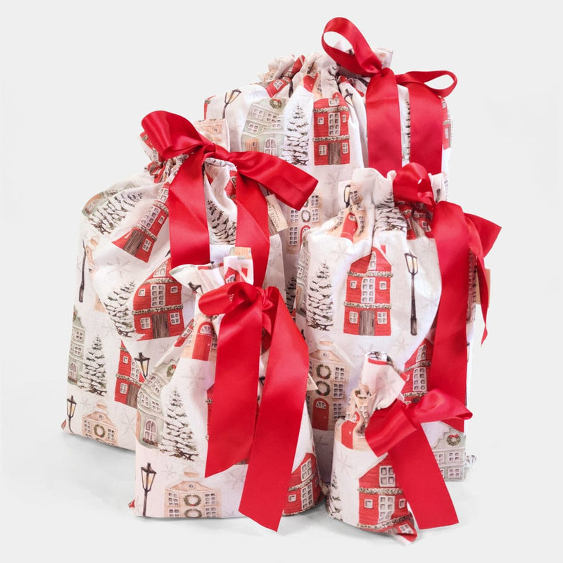 Waste Free Celebrations Set of 5 Christmas Cottages Reusable Gift Bag Set