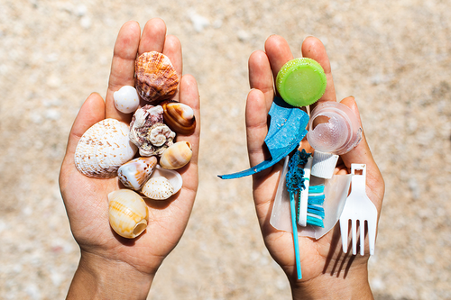 left hand holding shells while right hand holds bits of plastic trash found on a beach