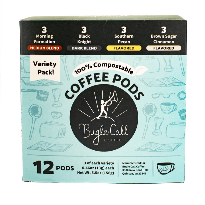 Bugle Call Coffee Variety Box / 12-Count Box Compostable Single Serve Coffee Pods