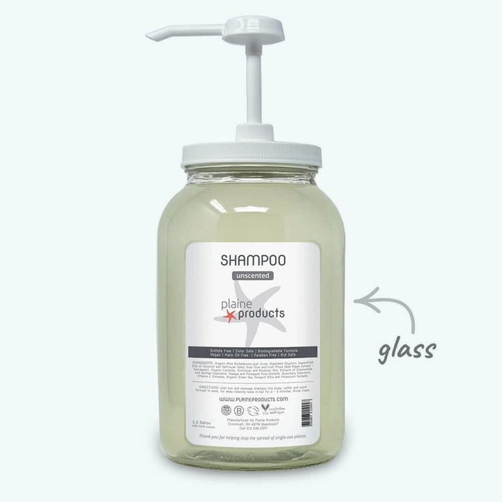 Plaine Products Unscented / 1 gal / Gallon Pump (+$15.00) Refillable Shampoo 16oz, 2.5oz