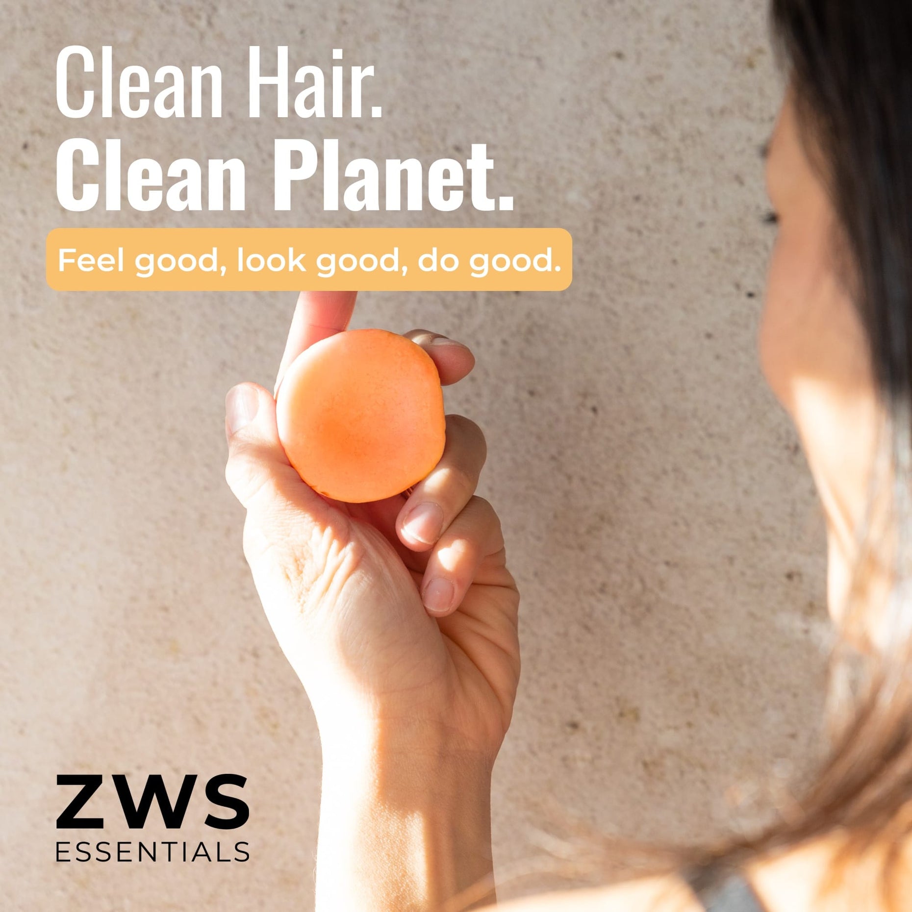 Sunshine conditioner bar in hand: clean hair, clean planet. Plastic-free hair care by ZWS Essentials