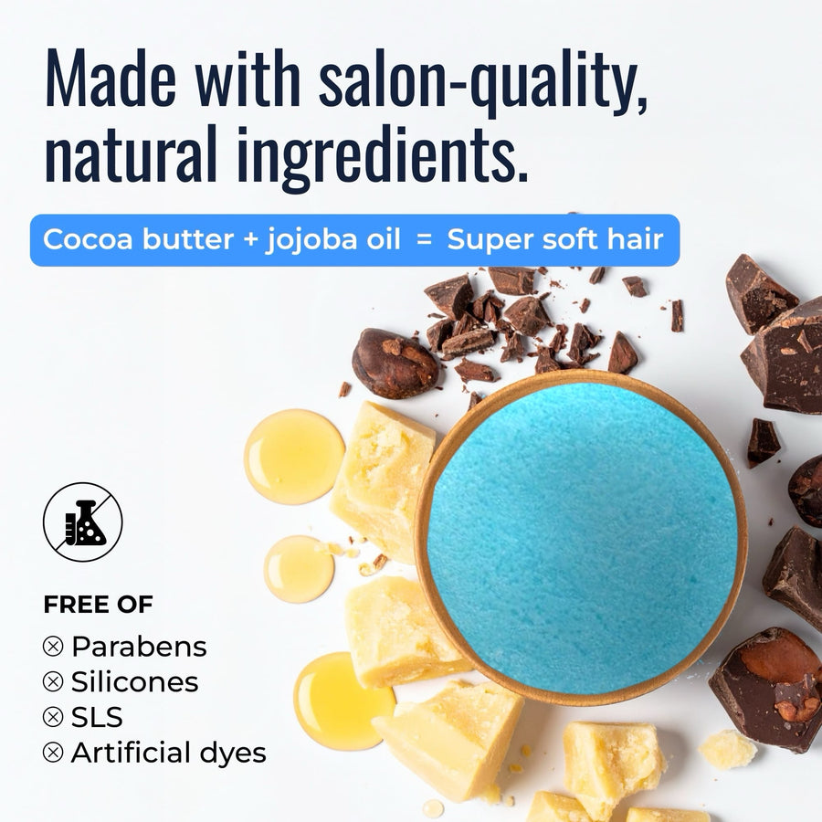 Cobalt shampoo and conditioner bars: salon-quality natural ingredients, cocoa butter and jojoba oil, free of parabens, silicones and SLS