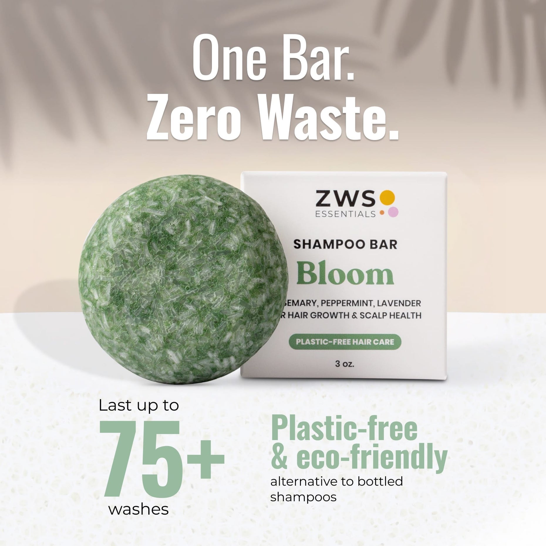 Bloom with Castor Oil shampoo bar and its plastic-free box: one bar lasts 75+ washes, a zero-waste alternative to bottled shampoo