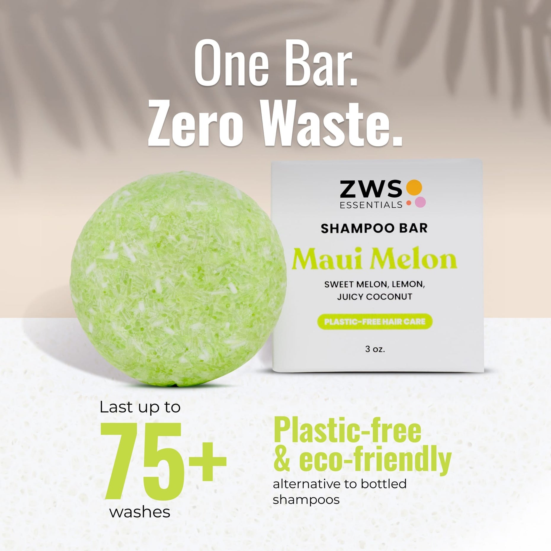 Maui Melon shampoo bar and its plastic-free box: one bar lasts 75+ washes, a zero-waste alternative to bottled shampoo