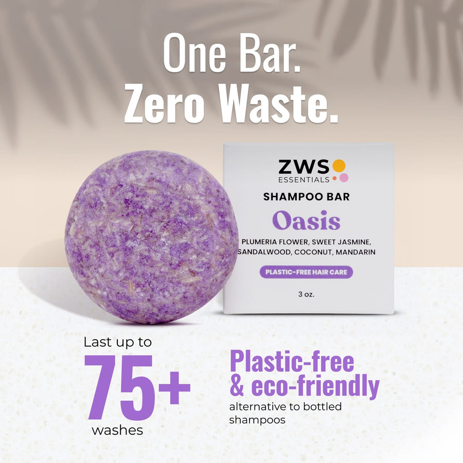Oasis shampoo bar and its plastic-free box: one bar lasts 75+ washes, a zero-waste alternative to bottled shampoo