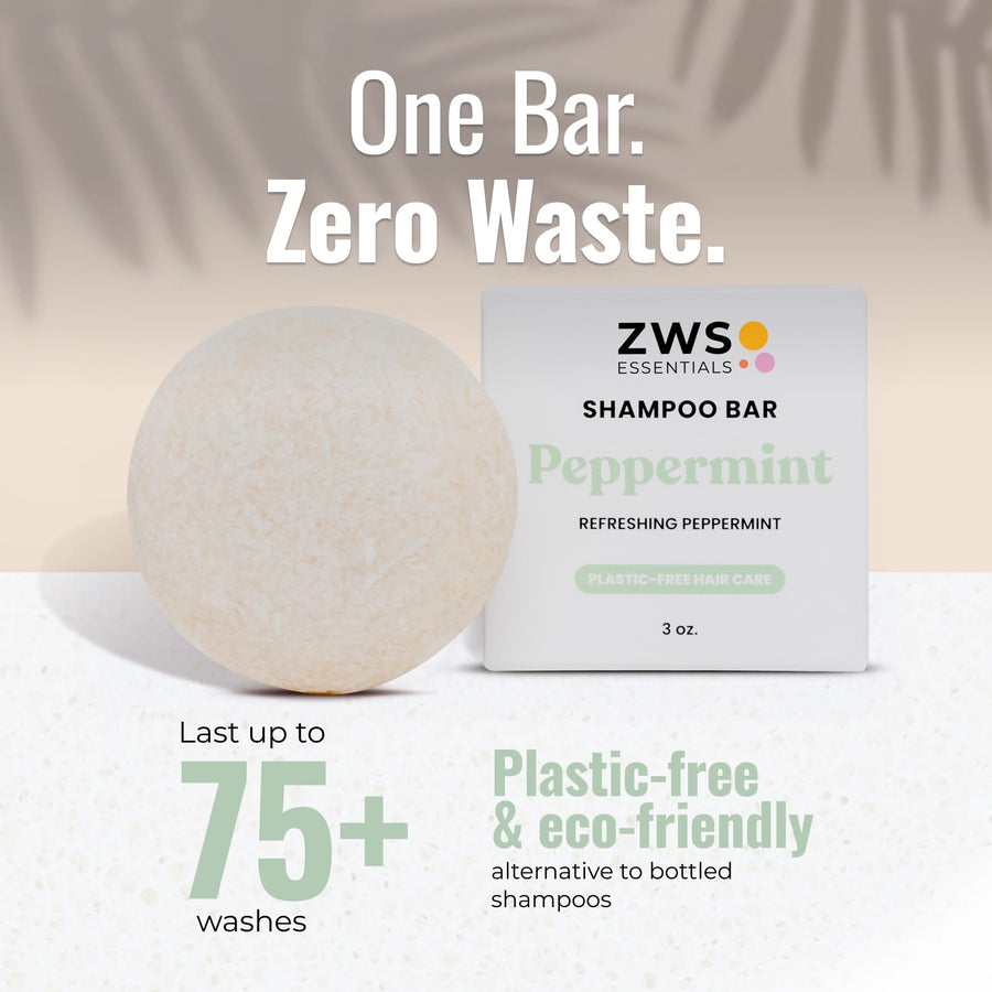 Peppermint Breeze shampoo bar and its plastic-free box: one bar lasts 75+ washes, a zero-waste alternative to bottled shampoo