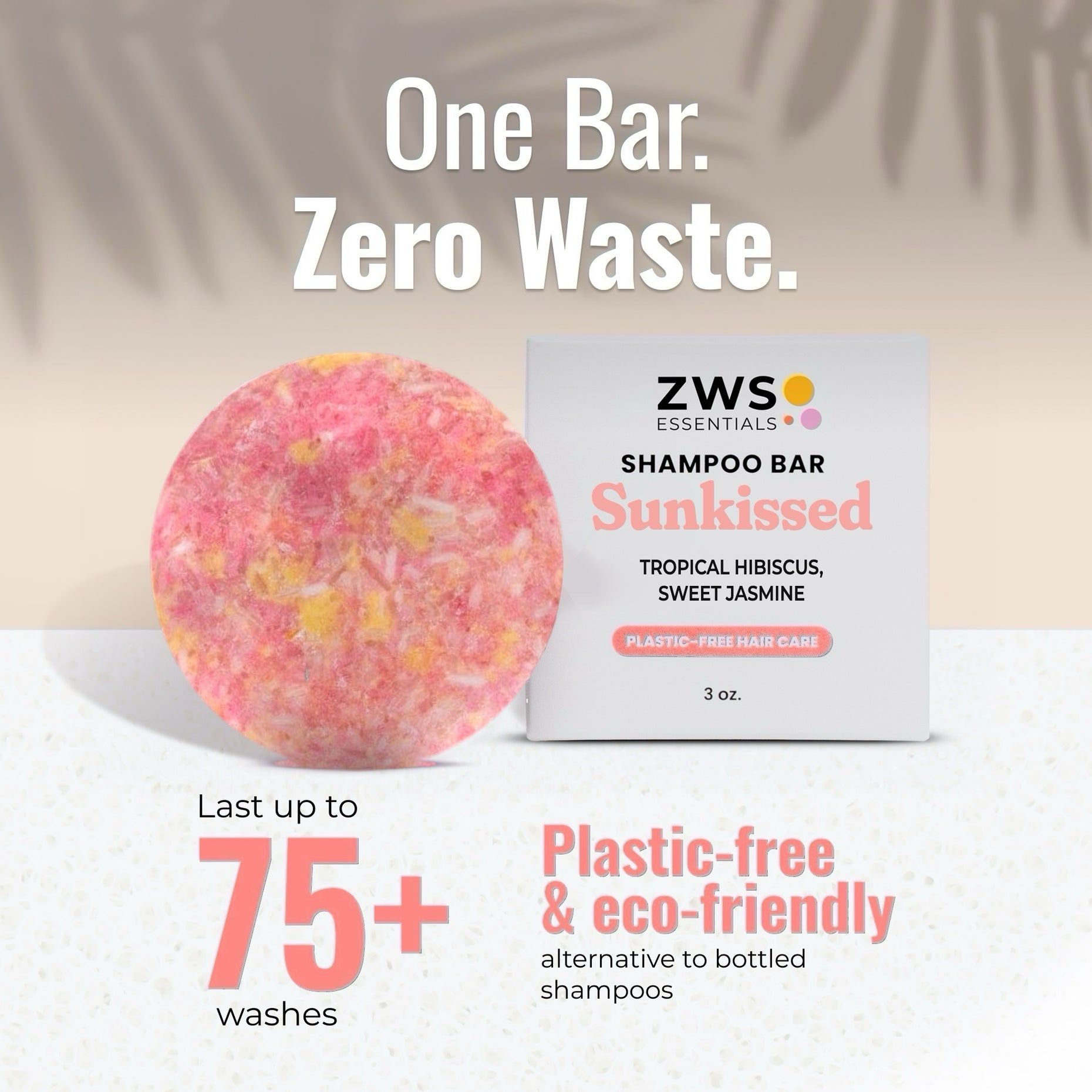 Sunkissed shampoo bar and its plastic-free box: one bar lasts 75+ washes, a zero-waste alternative to bottled shampoo