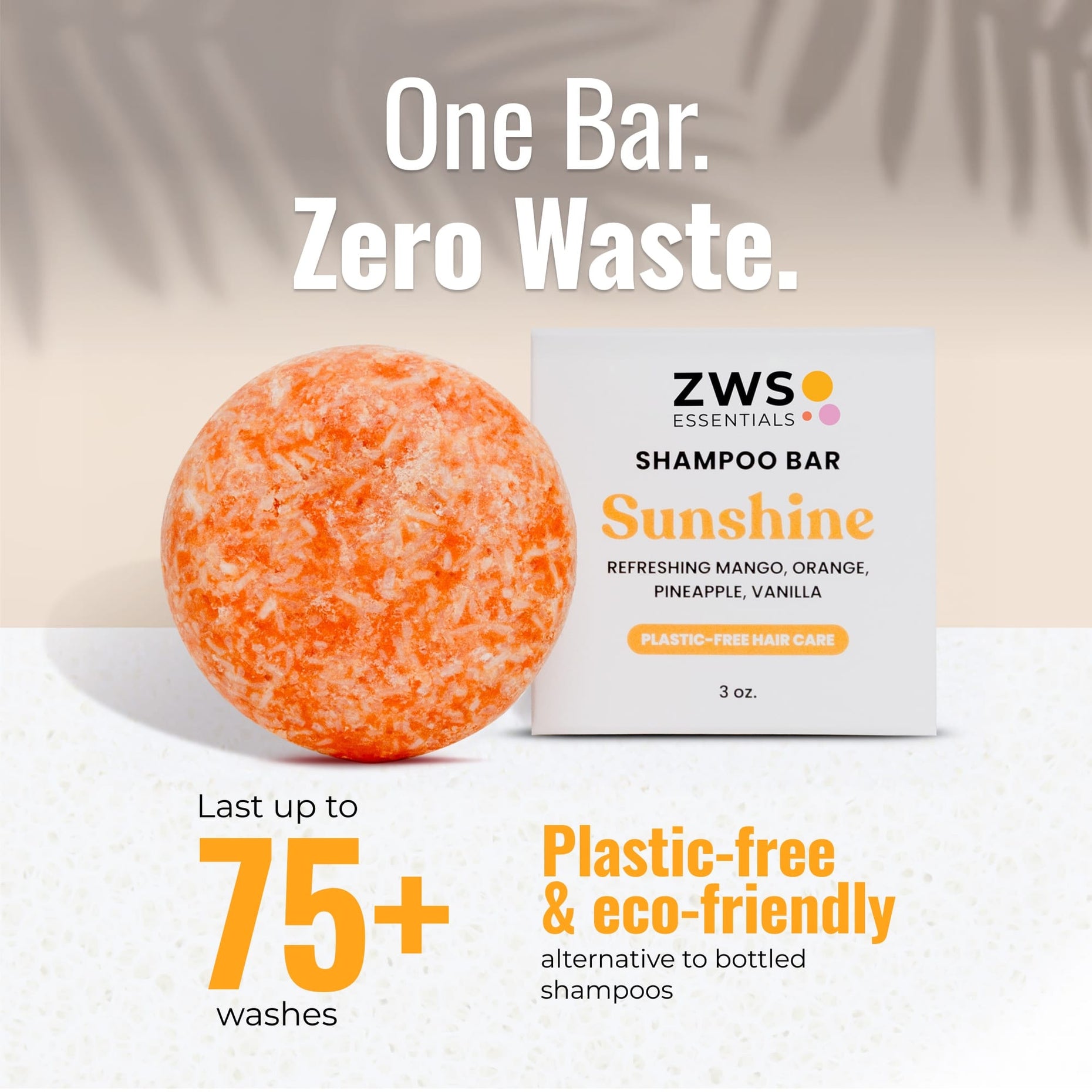Sunshine shampoo bar and its plastic-free box: one bar lasts 75+ washes, a zero-waste alternative to bottled shampoo