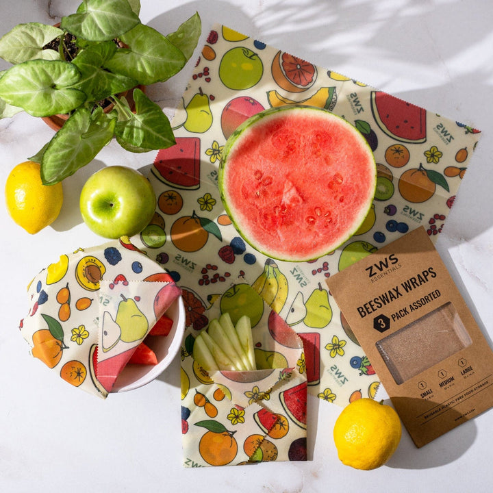 ZWS Essentials Fruit / 3-Pack Assorted Beeswax Wraps – Plastic-Free Food Storage