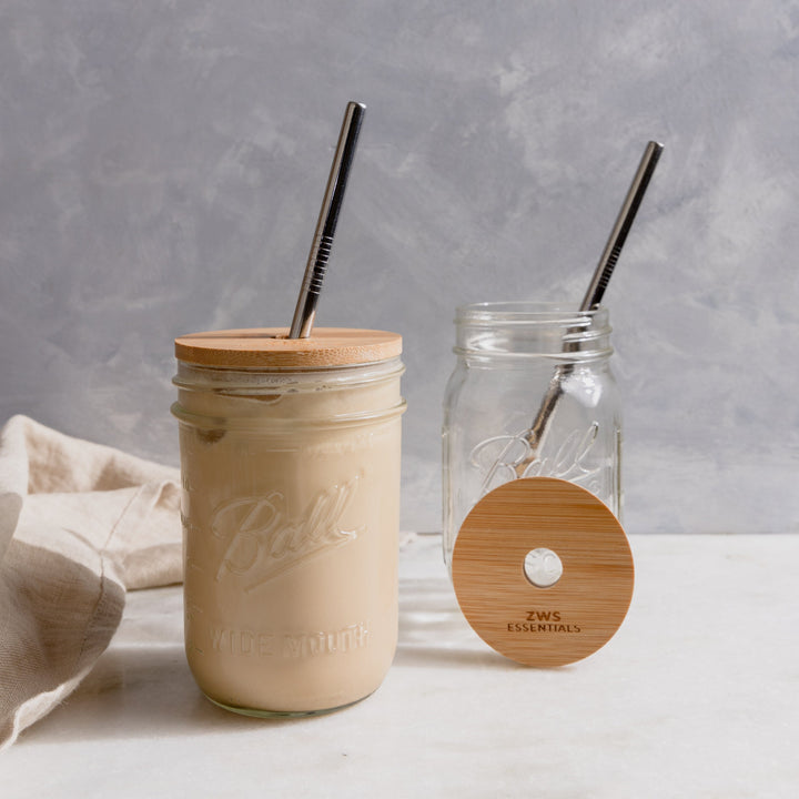 ZWS Essentials Mason Jar Kit- Mason Jar, Bamboo Lid, Stainless Steel Straw