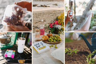 photo grid of various summer activities like a picnic at the beach, camping, gardening, and hiking