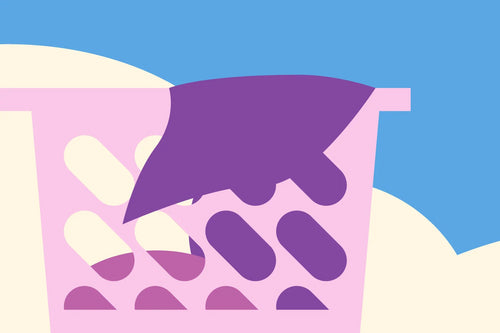 Vector illustration of a pink laundry basket against a blue background