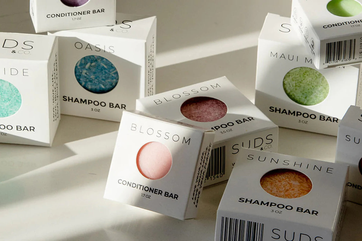 packaged shampoo and conditioner bars from Suds & Eco