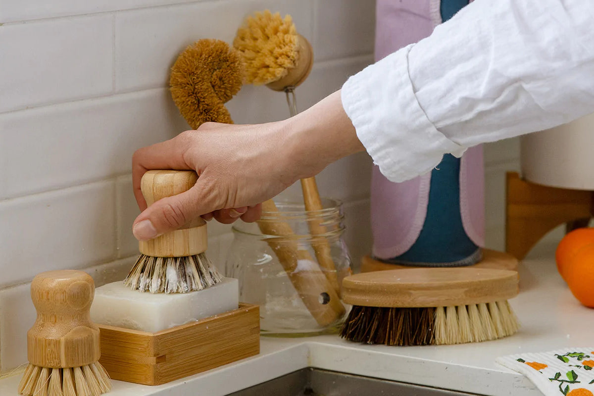 rubbing a plastic-free dish brush on a blog of dish soap